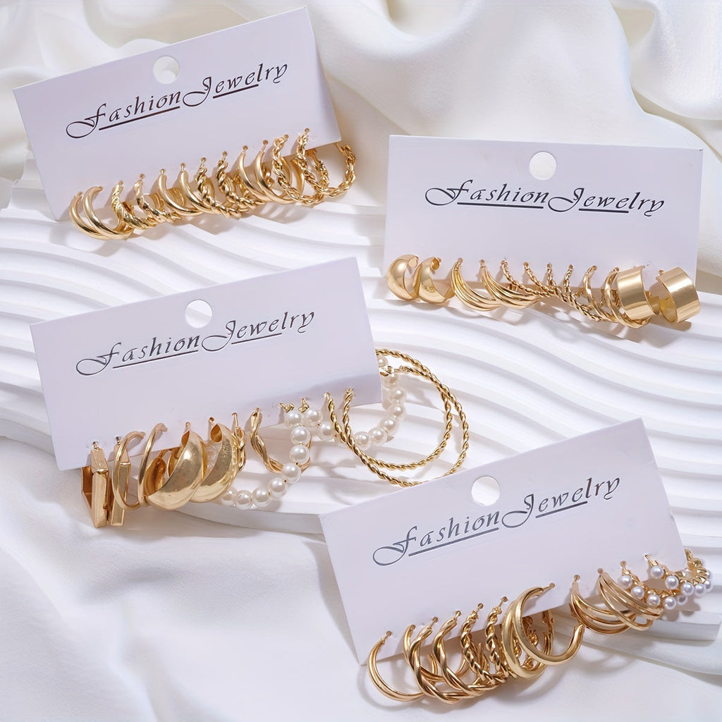48pcs Geometric Hoop Earrings Set Women – Boho Metal Wide Hoop Faux Earrings Bulk Pack Simple Stylish Jewelry Vacation Dating Daily Wear Gift