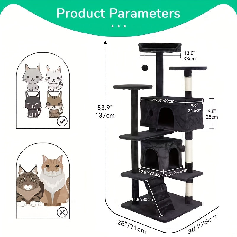 54 Inch Cat Tree Tower for Indoor Cats – Multi-Level Activity Center with Scratching Posts, Condo House & Toys for Kittens & Adult Cats, Dark Gray