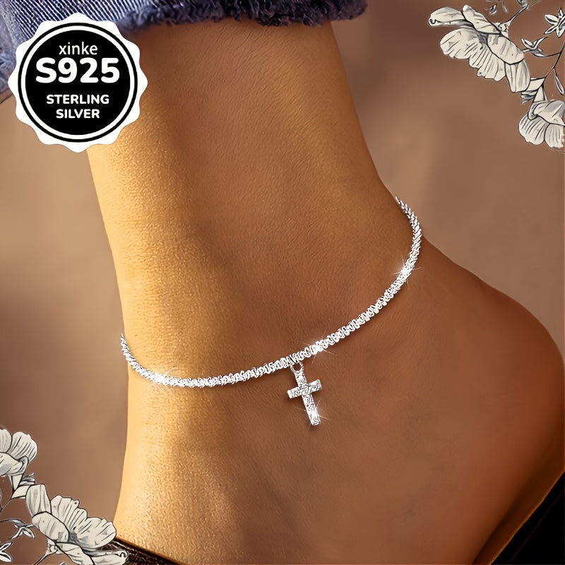 S925 Sterling Silver Cross Anklet Women – Synthetic Diamond Bohemian Beach Vacation Jewelry Adjustable Clasp Casual Outfit Accessory Gift for Valentine's Day Mother's Day Birthday