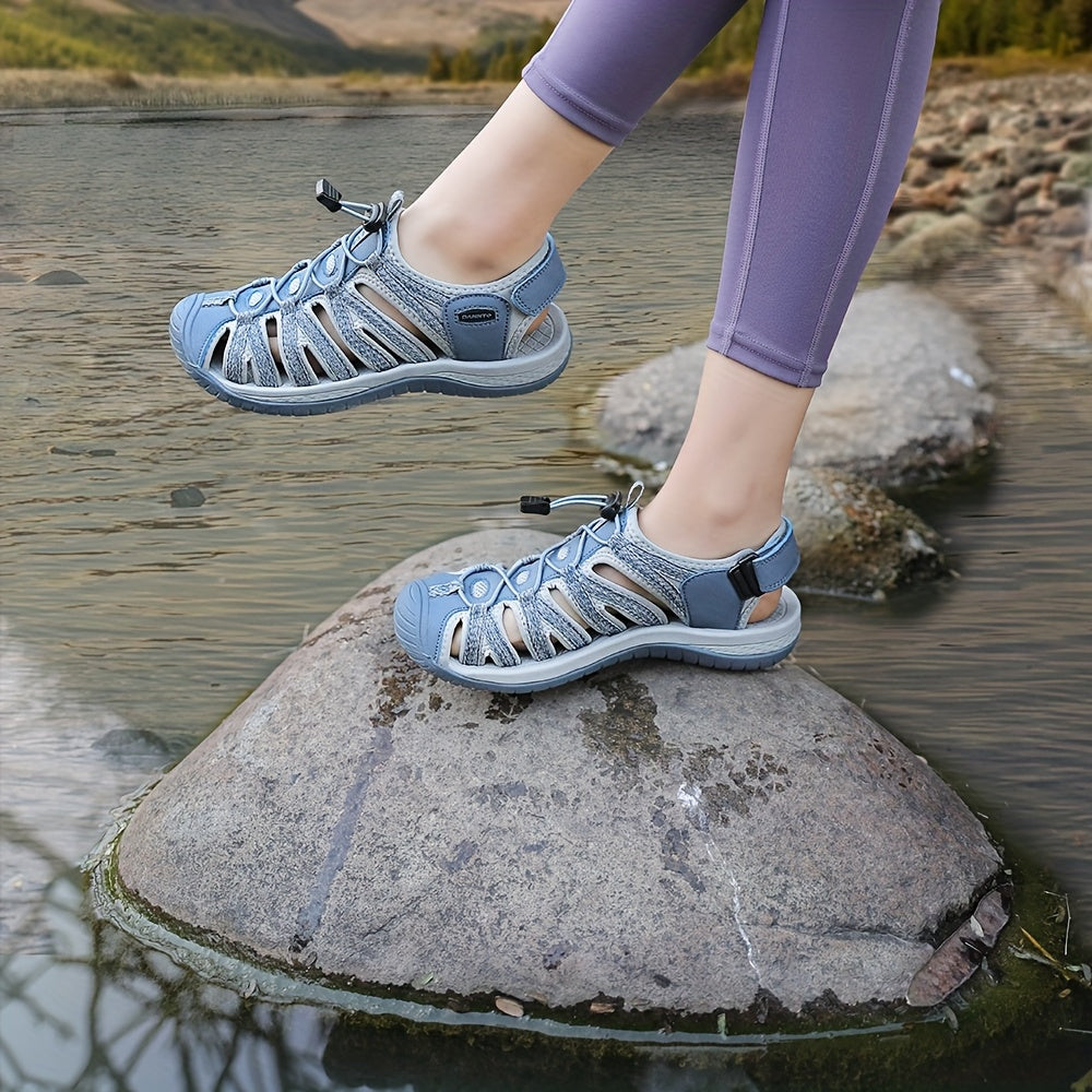 Women's Closed Toe Hiking Sandals, Lightweight Non-Slip Water Sandals with Adjustable Bungee Lace & Hook-Loop Strap, Breathable Athletic Sport Outdoor Shoes for Beach Camping Fishing Travel Walking