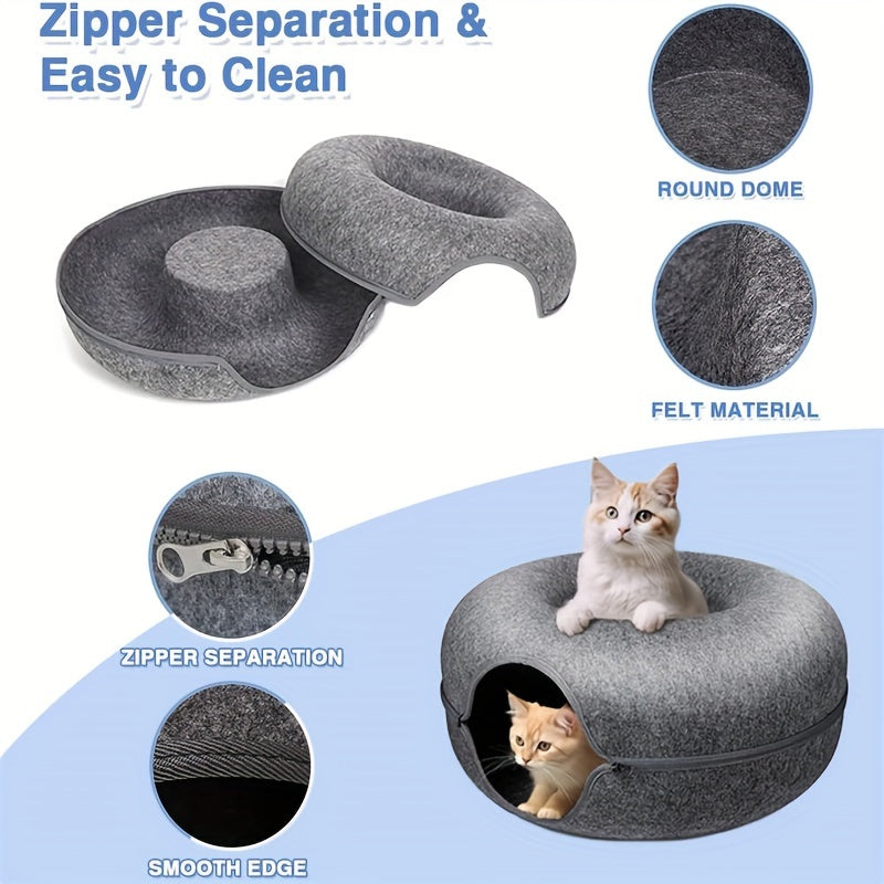 Cat Tunnel Bed with Donut Hole Indoor Hiding Place - All-Season Collapsible Soft Plush Cat Cave Bed for Indoor Cats, Dark Gray & Light Gray, 20 & 24 Inch, Perfect Cat Gift