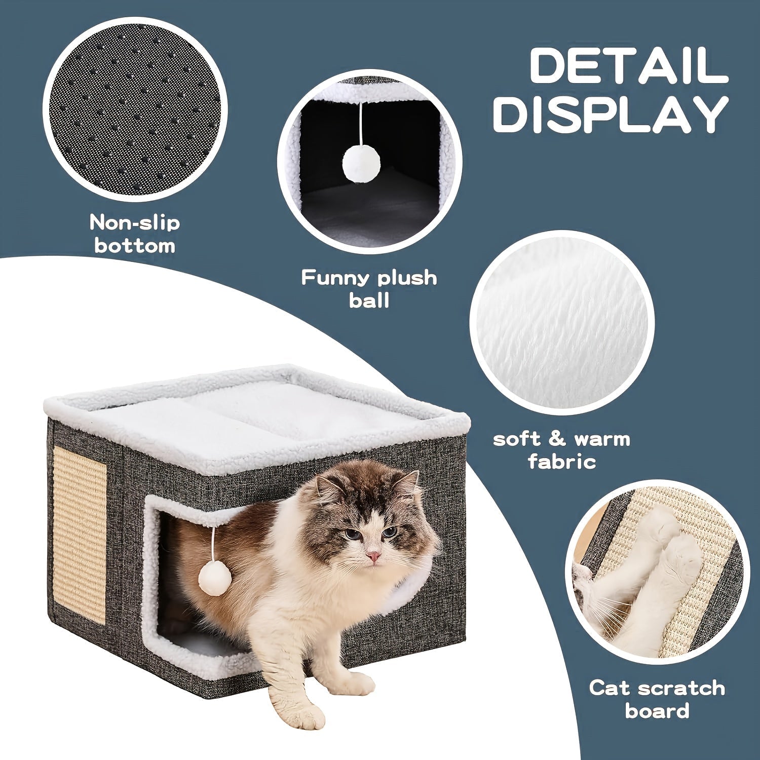 Multi-Layer Cat House with 2-Tier Bed, Toy Tunnel, Foldable Scratching Post & Cozy Mat – All-Season Indoor Cat Condo with Plush Hanging Ball, Nylon Frame & Canvas, Foldable Design