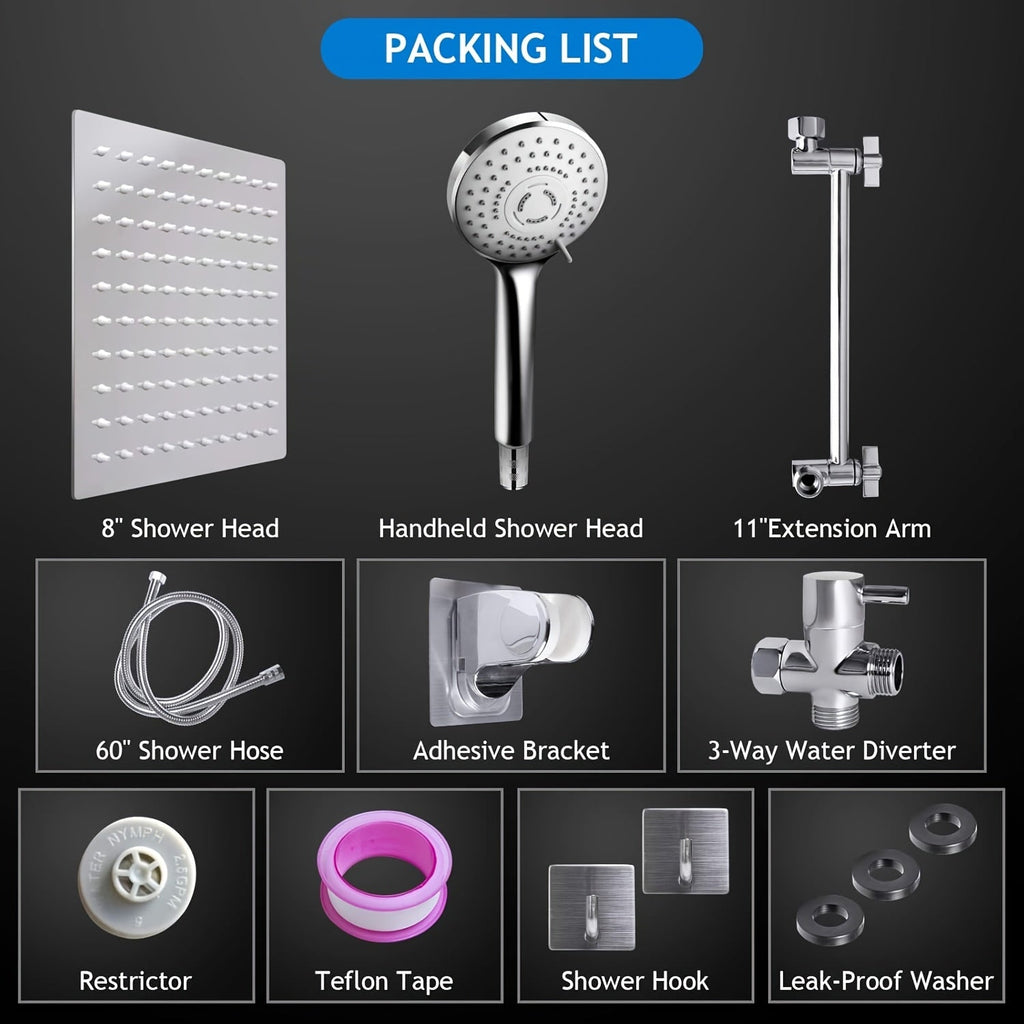 High Pressure Rainfall Handheld Shower Head Combo 8 10 12 Inch Extension Arm 9 Spray Settings 180 Degree Adjustable Anti-Leak Silicone Nozzles for Home Bathroom Upgrade Chrome Matte Black