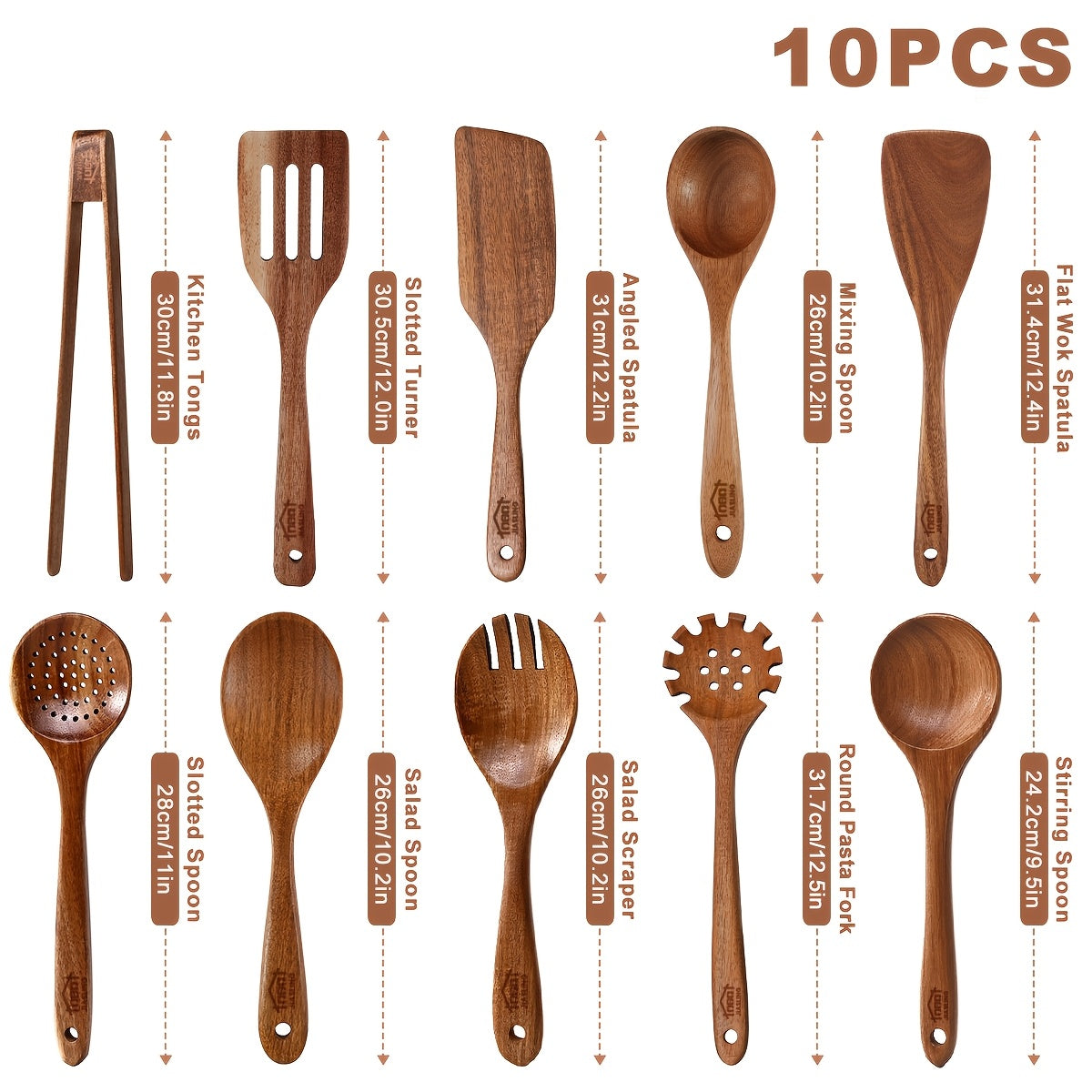 10-Piece Natural Teak Wooden Kitchen Utensils Set - Cooking Spoons, Spatulas & Shovel, Non-Stick Safe, Heat Resistant, Eco-Friendly Wood Cookware Tools for Home Kitchen