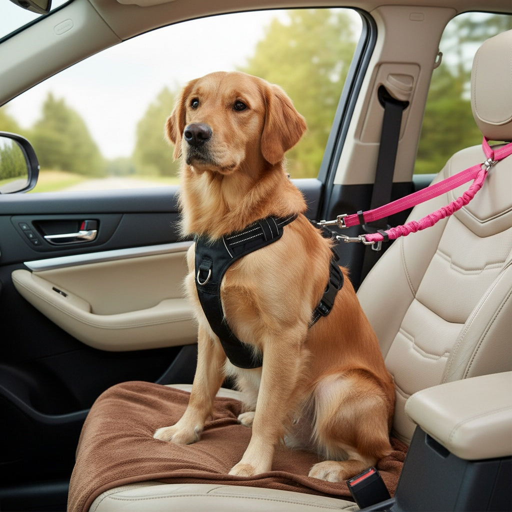 Dual Dog Car Seat Belt 2 Dogs Simultaneously No-Tangle Adjustable Bungee Headrest Clip Pet Safety Harness Small Medium Large Dogs Travel Black Red Rose Red