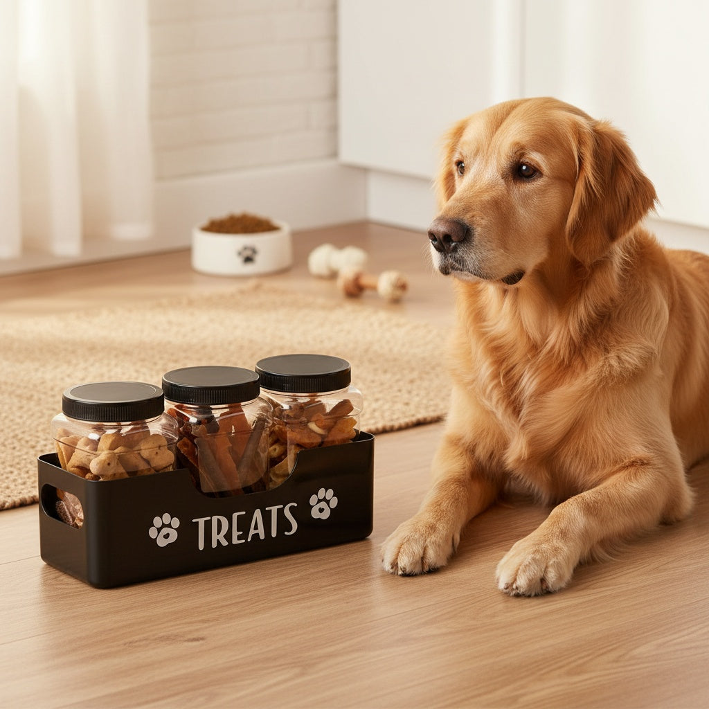 3-Piece Airtight Pet Snack Jar Set – Farmhouse Style Plastic Pet Food Storage Containers for Dog & Cat Treats, Durable Sealed Treat Jars, Black Set
