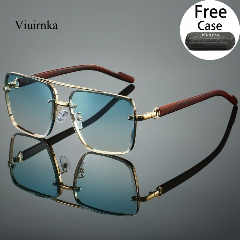Square Retro Sunglasses Wood Grain Double Beam Unisex – UV Protection Fashion Eyewear with Case 7 Colors for Men Women Driving Travel Beach Street Photography Holiday Gift