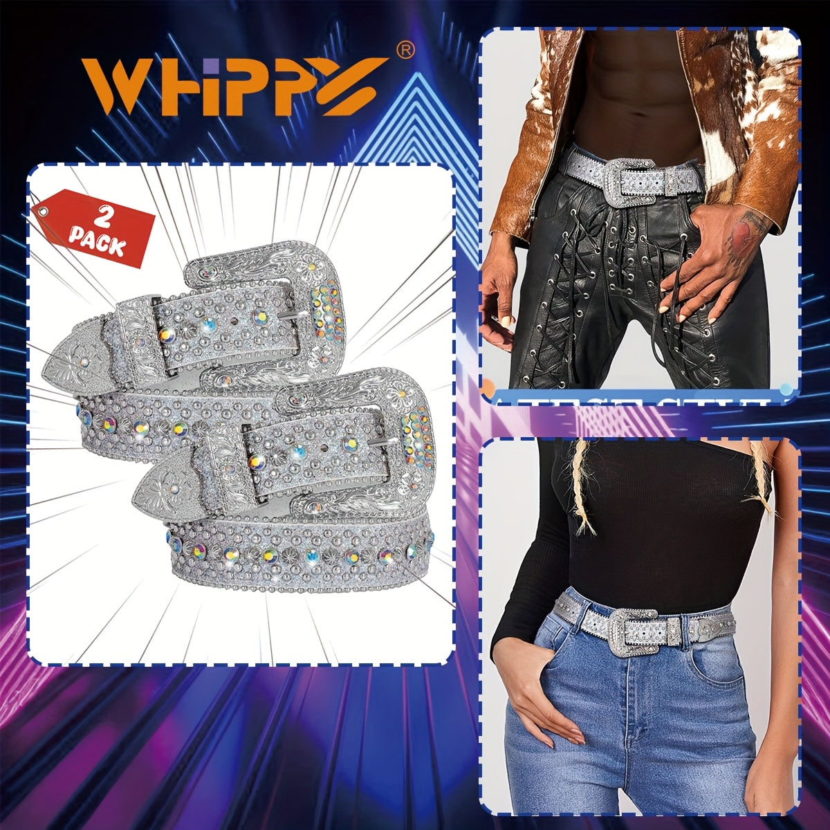 Rhinestone Belt Unisex Western Cowgirl Bling Faux Leather Removable Buckle – Sparkling Adjustable Waist Belt for Women Men 13 Colors Sizes S-XL Party Festival Halloween Christmas Gift
