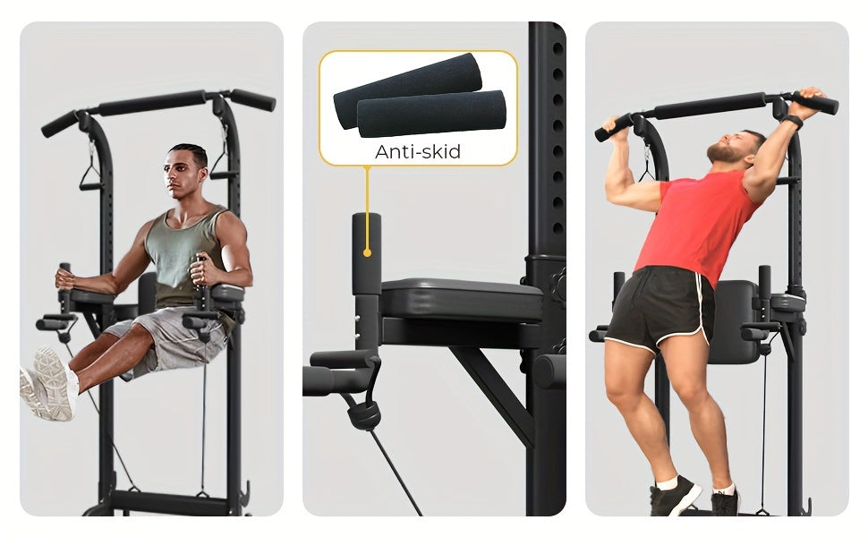 Power Tower Pull Up Bar Dip Station – Adjustable Height 50"-90.6" 330LBS Multi-Function Strength Training Equipment for Men & Women Home Gym, Free Elastic Bands Included