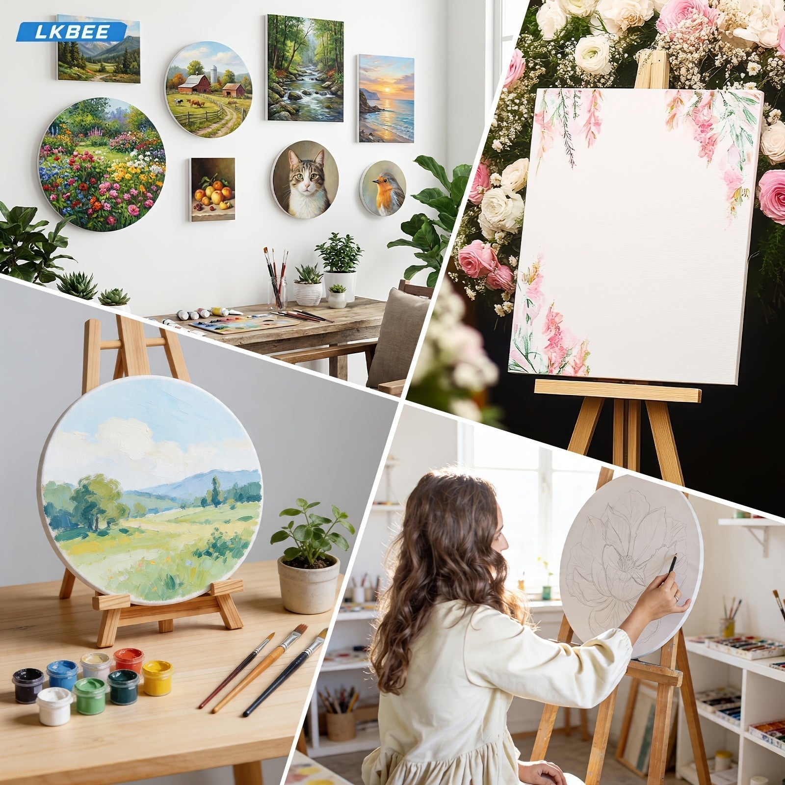 Stretched Canvas Board Set Round and Square Multi-Size Combo 5 to 20 Piece Packs – Pre-Primed Acid-Free Cotton Canvas for Acrylic Pouring Wet-on-Wet Oil Painting Mixed Media and Classroom Teaching