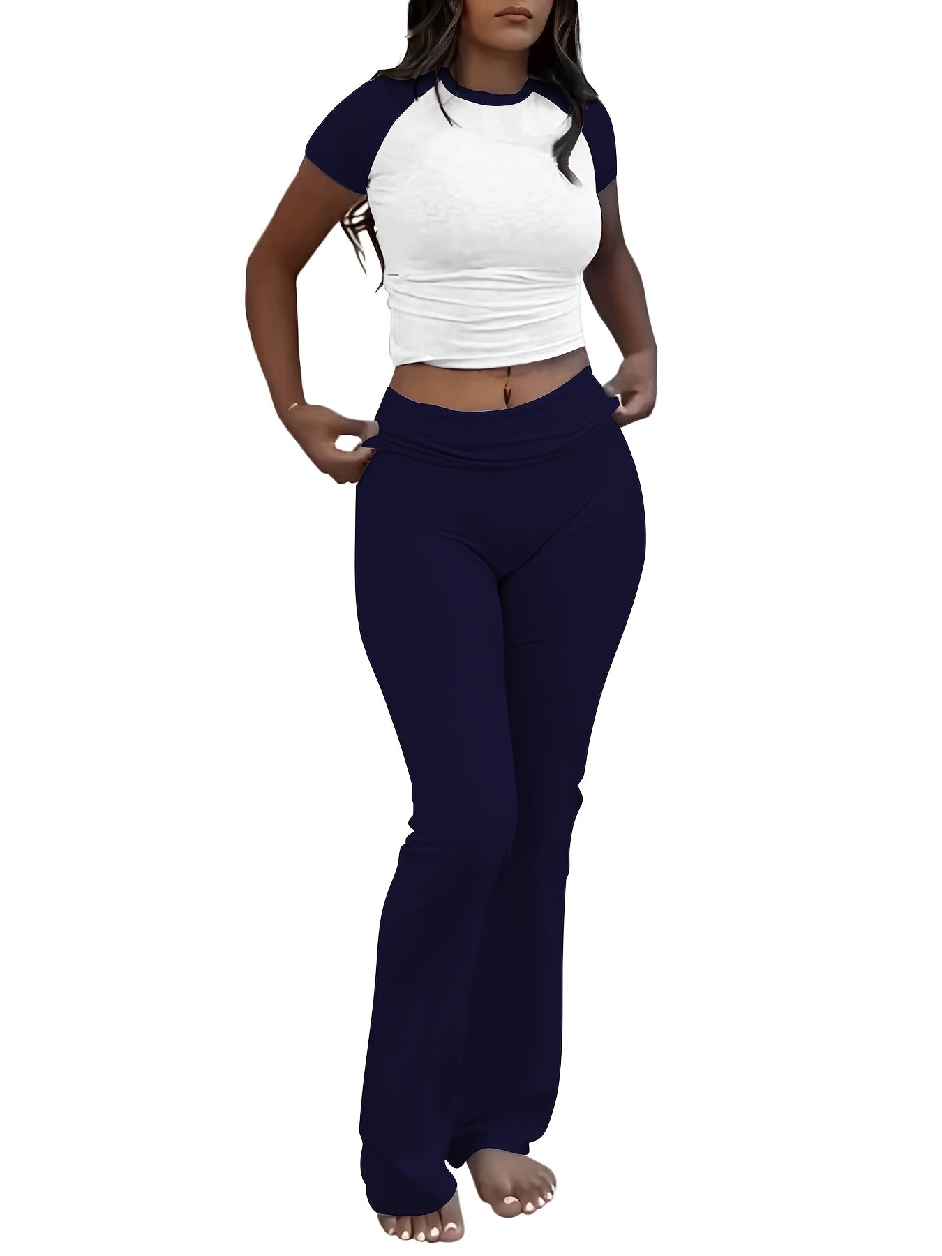 Women's Two-Piece Outfit Set Slim Fit Crew Neck Short Sleeve Tee & Skinny Flared Leg Pants – Casual Solid Color Matching Loungewear Tracksuit 9 Colors XS-XL