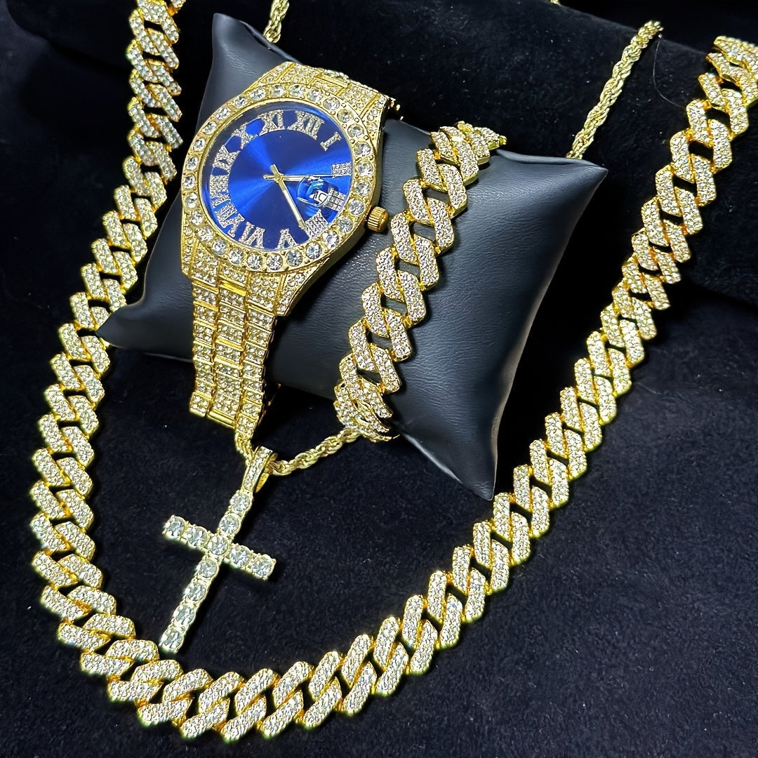 Luxury Cuban Link Jewelry Set for Men & Women – 4-Piece Necklace Bracelet Pendant Wristwatch Full Set 12 Color Options Silver Gold Pink Green Blue Hip Hop Bling Valentine's Day Christmas Gift