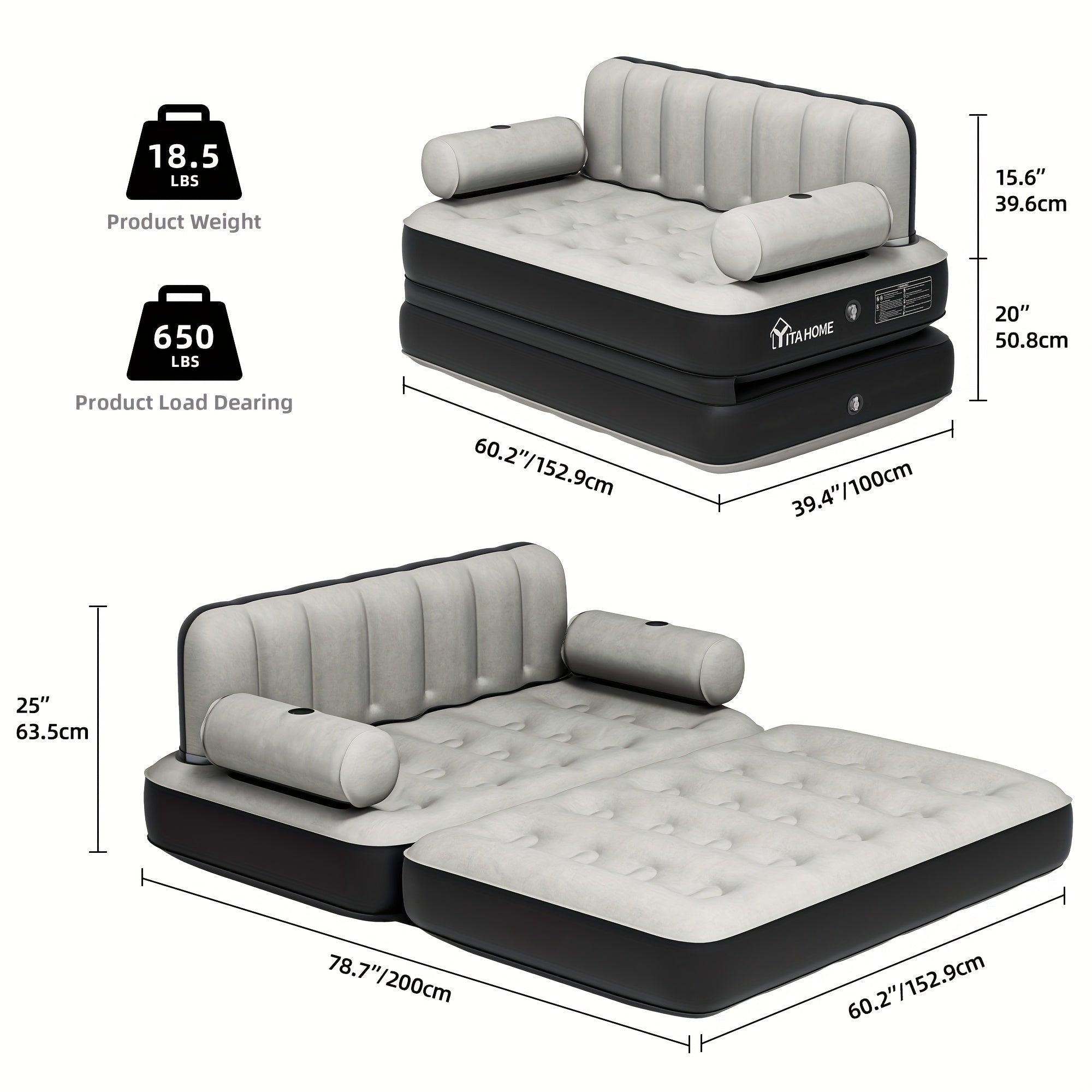 Inflatable Air Sofa Bed 2-in-1 Queen Size – Portable Blow Up Couch & Airbed with Headboard, Cup Holders, External Pump & Storage Bag, 440 lb Capacity for Home, Camping, Guests & Dorms