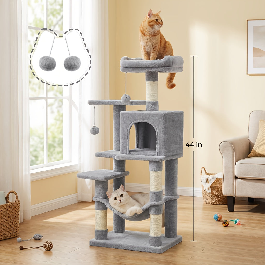Cat Tree Tower 44 or 66 Inch Multi-Level Hammock Cozy Cave 4 Sisal Posts 2 Perches Anti-Tilt 10-Min Assembly Indoor Cats Kittens Multi-Cat Dark Gray Light Gray White Beige
