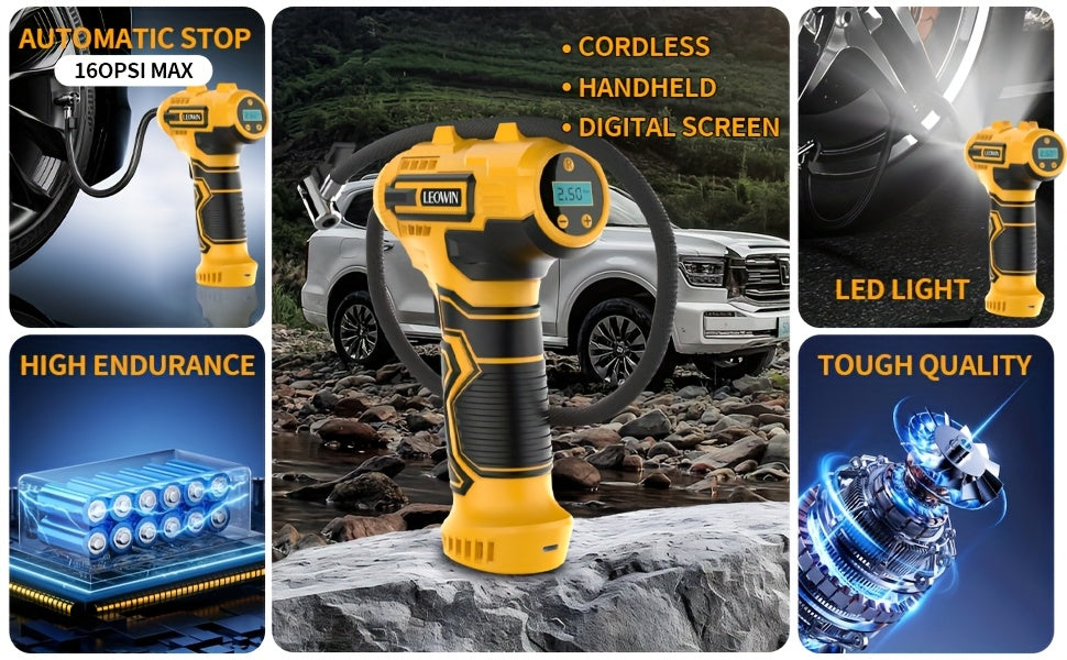 Portable Tire Inflator 150 PSI 120W Cordless Air Compressor 25L/min Fast Inflate Auto-Shutoff Digital Pressure Gauge LED Light Dual 2000mAh Battery for Car Motorcycle Bike Ball | Nova Mart