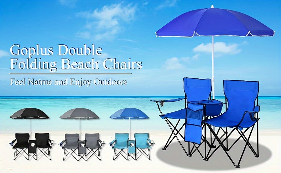 2-Person Folding Beach Chair Set with 59" Umbrella, Cooler Bag & Side Table – 600 lb Capacity Portable Loveseat for Beach, Camping, Picnic & Tailgate, Compact Collapsible Outdoor Chair