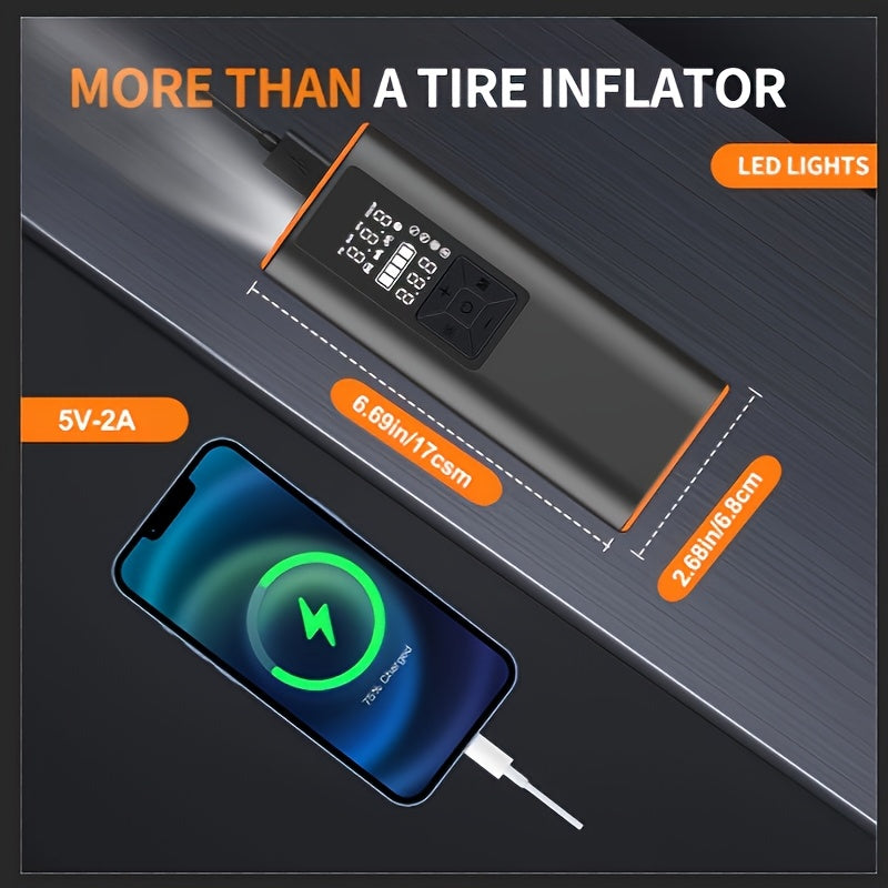 Portable Tire Inflator 150 PSI Wireless Air Compressor 6000mAh Battery 12V Cord Digital Gauge Auto Shut-Off LED Light 4 Preset Modes for Car Motorcycle Bike Ball Road Trip