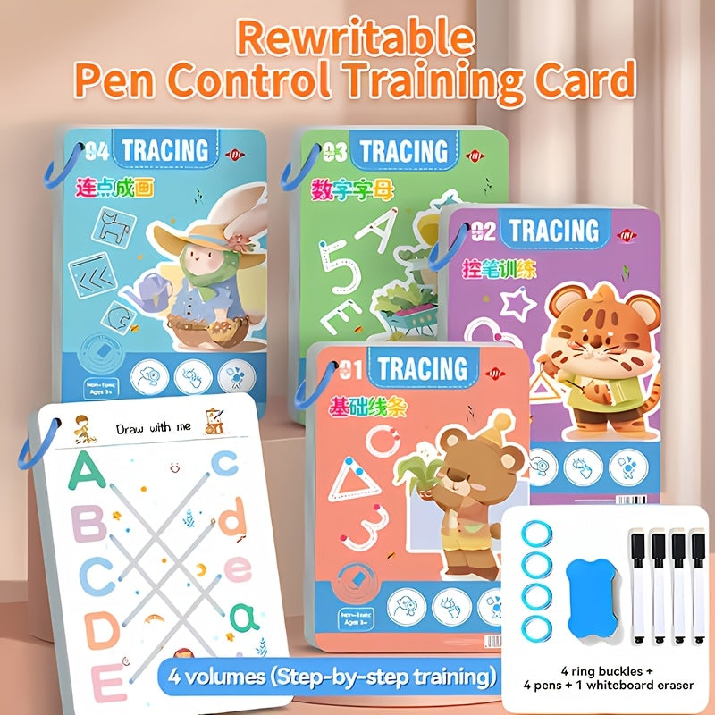 Reusable Handwriting Practice Books for Kids Ages 3-8 | 4-Book Set 128 Pages Pen Control Letters Numbers Workbook with 4 Pens Eraser for Homeschool Classroom Preschool Kindergarten