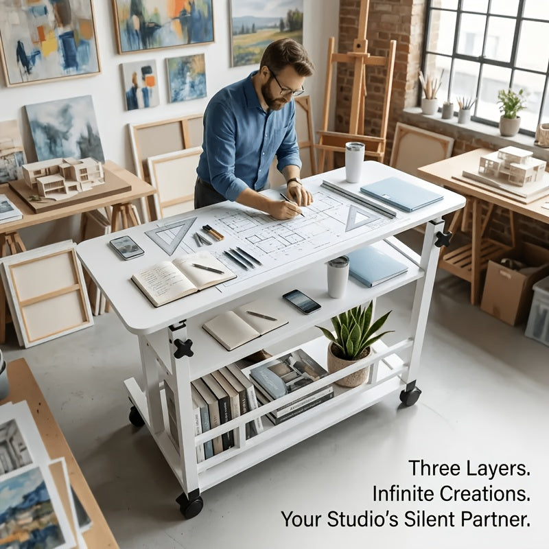 Rolling Folding Desk 3-Tier with Wheels Height Adjustable Expandable Desktop Storage Shelf Laptop Study Home Office Bedroom Living Room Computer Table Multi-Color