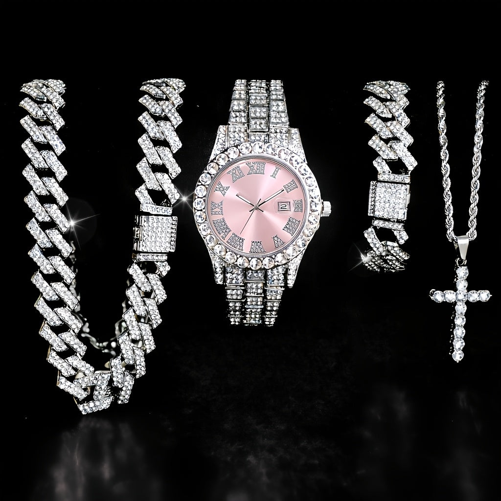 Luxury Cuban Link Jewelry Set for Men & Women – 4-Piece Necklace Bracelet Pendant Wristwatch Full Set 12 Color Options Silver Gold Pink Green Blue Hip Hop Bling Valentine's Day Christmas Gift