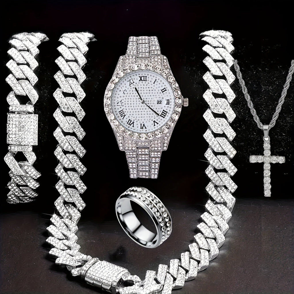 Men's Hip Hop Rhinestone Bling Watch Set with Waterfall Chain Bracelet & Necklace – Sparkling Quartz Watch Jewelry Set for Men 3pc & 5pc Perfect Holiday Gift
