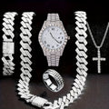 Men's Hip Hop Rhinestone Bling Watch Set with Waterfall Chain Bracelet & Necklace – Sparkling Quartz Watch Jewelry Set for Men 3pc & 5pc Perfect Holiday Gift