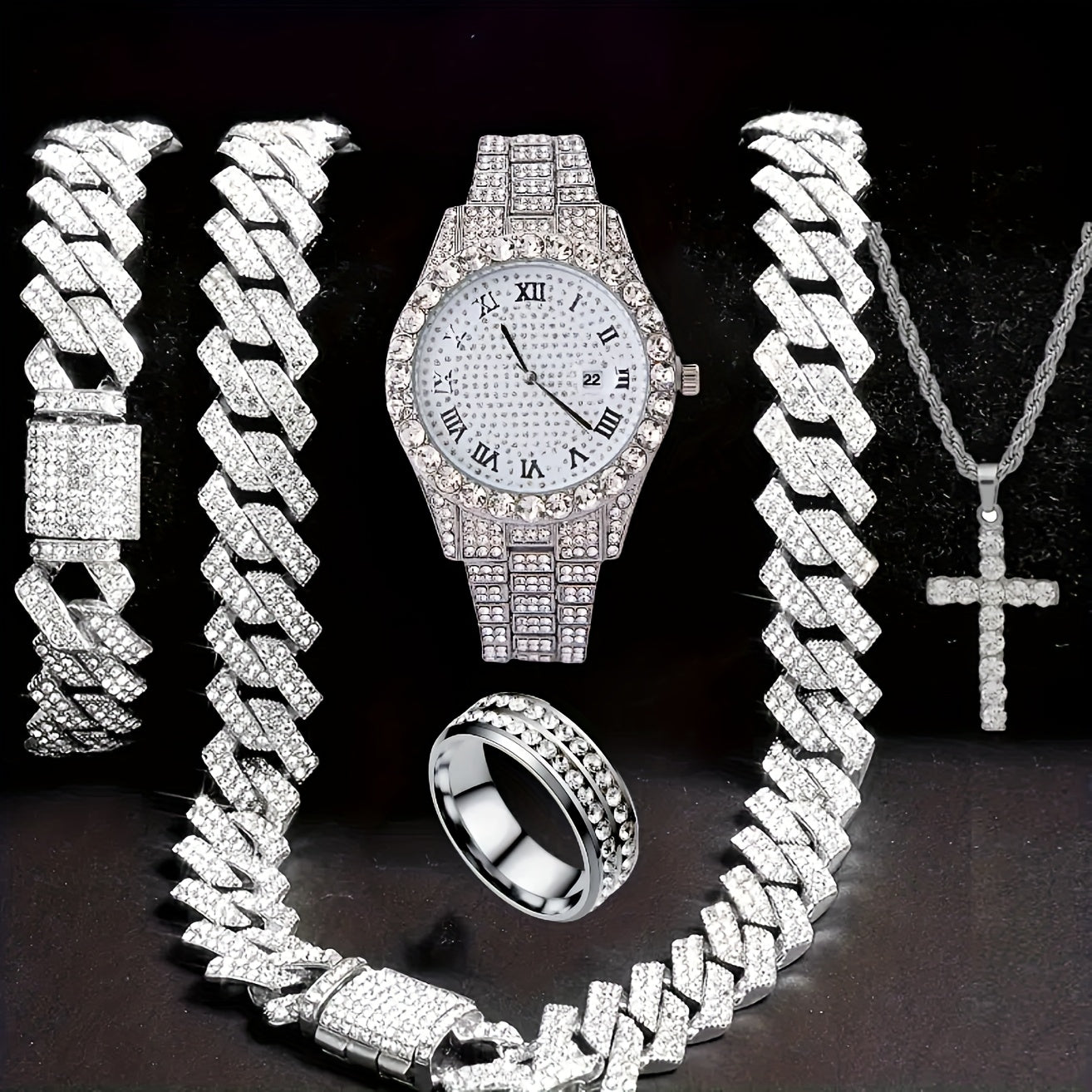 Men's Hip Hop Rhinestone Bling Watch Set with Waterfall Chain Bracelet & Necklace – Sparkling Quartz Watch Jewelry Set for Men 3pc & 5pc Perfect Holiday Gift