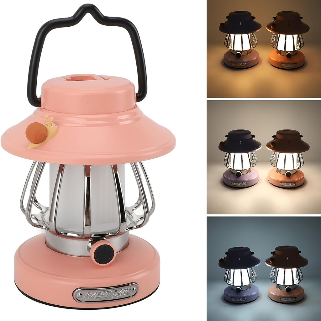 Rechargeable LED Camping Lantern 3-Tone Dimming Snail Design – USB & 18650 Battery Dual Power Freestanding Portable Camp Light for Camping Hiking Emergency Home Office Green White Pink Purple