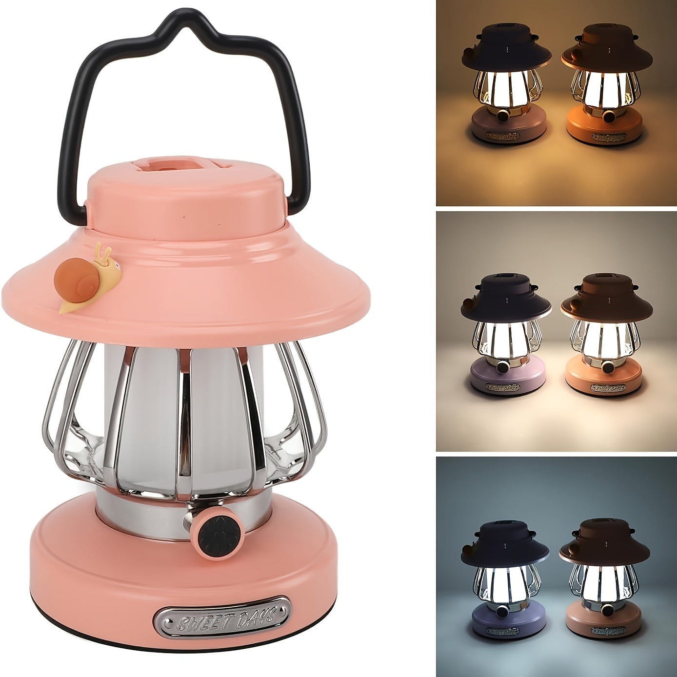 Rechargeable LED Camping Lantern 3-Tone Dimming Snail Design – USB & 18650 Battery Dual Power Freestanding Portable Camp Light for Camping Hiking Emergency Home Office Green White Pink Purple