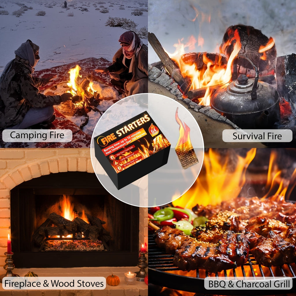 Waterproof Odorless Fire Starter Squares Bulk Pack – 6-Minute Burn Charcoal Firestarter Cubes for Campfire BBQ Grill Fireplace Wood Stove Fire Pit, No Kindling Needed, 32 64 128 192 Piece Options