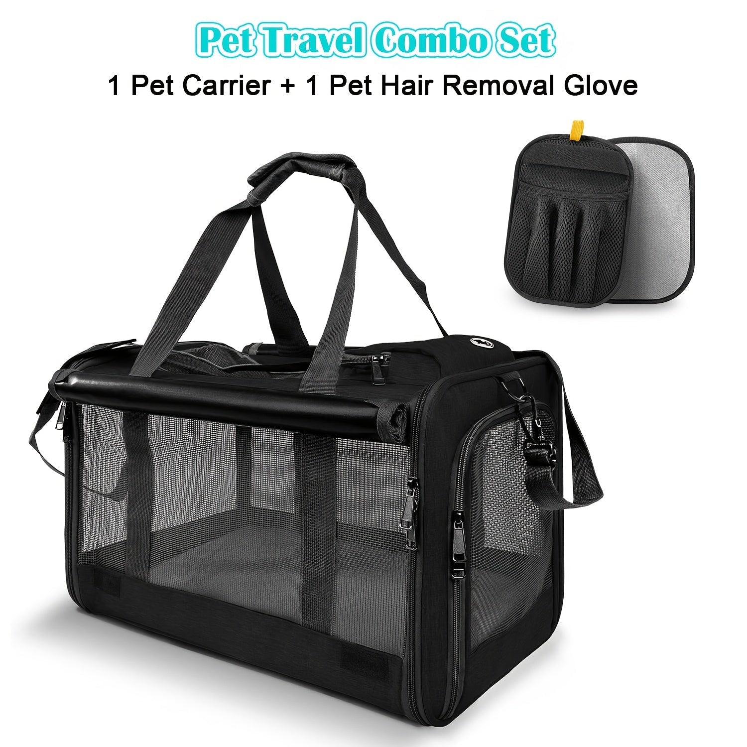 Airline Approved Pet Carrier Soft Sided – Breathable Collapsible Travel Bag for Cats & Small Dogs with Accessories Bundle Collar Bowls or Pet Glove 10 Colors Pink Blue Black Gray Navy Green Orange