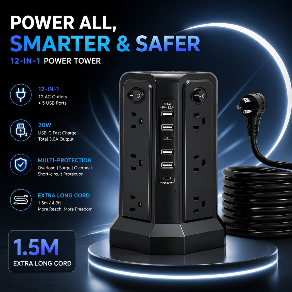 Power Strip Tower 16 AC Outlets 5 USB Ports USB-C PD20W Fast Charging 1500J Surge Protector Flat Plug Desktop Extension Cord for Home Office Dorm Room Workstation 10 Style Options