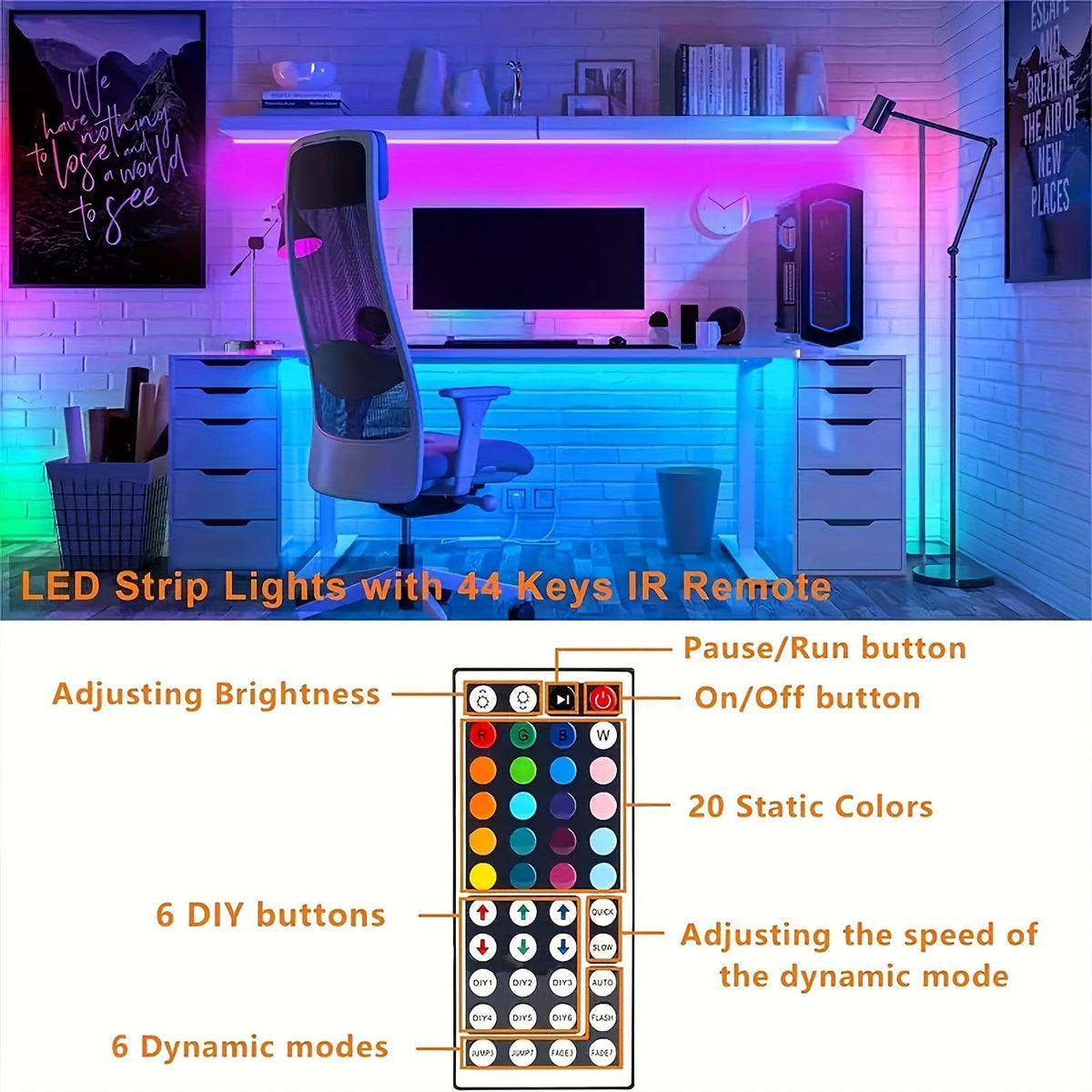100ft LED Strip Lights Color Changing RGB with 44-Key Remote & Power Supply – 30M Flexible Indoor LED Light Strip for Bedroom Living Room Festival Wedding Carnival Party Decoration Ambiance
