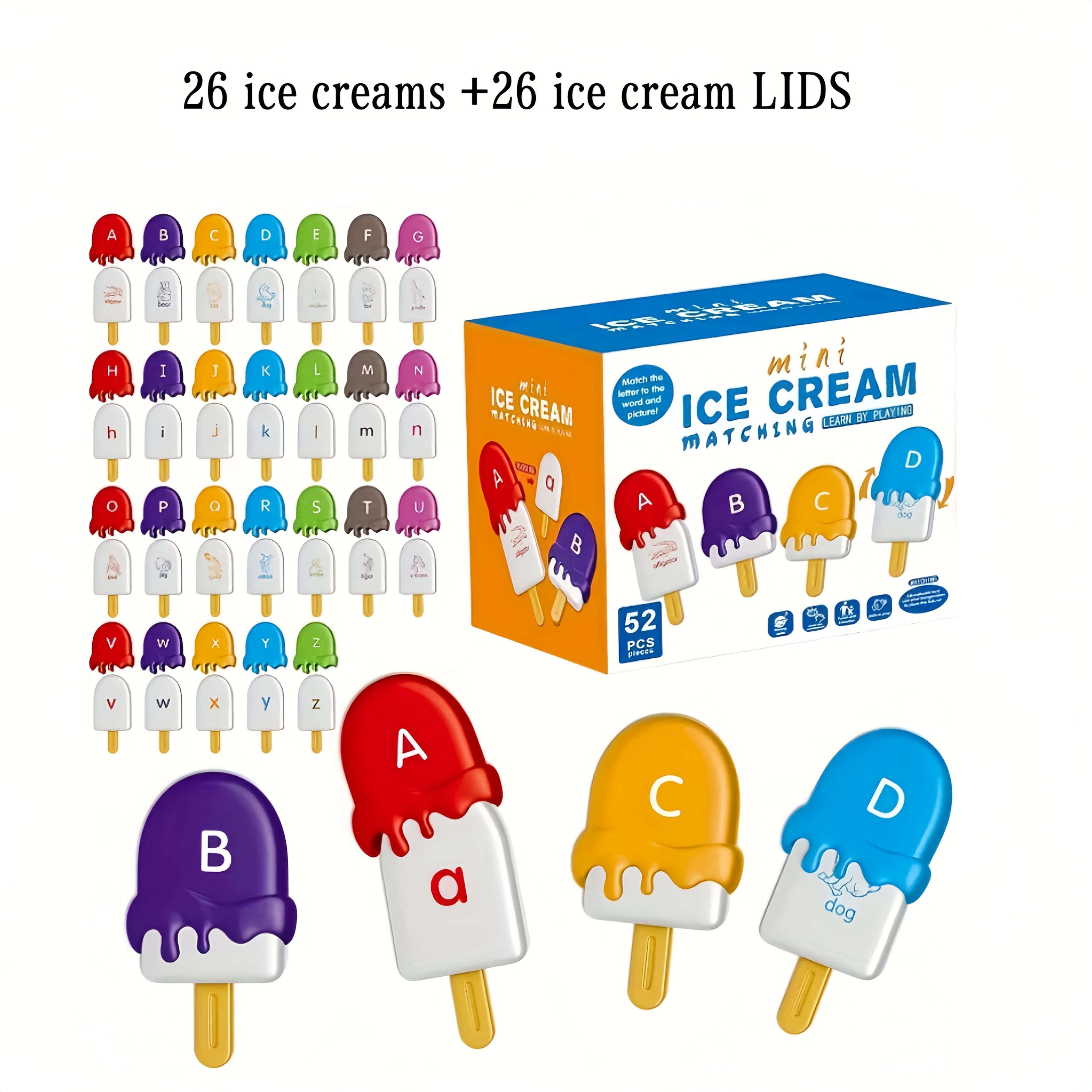 Ice Cream Preschool Learning Toy Set 52 Pieces Counting Color Sorting Stacking ABC Uppercase Lowercase Letters Montessori Educational Toy for Toddlers Preschoolers Ages 3 and Up Birthday Gift