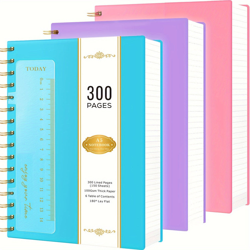 Spiral Notebook 3 Pack A5 Hardcover College Ruled 300 Pages 100GSM Thick Paper PVC Cover Notepad Set for Women Girls Students School Office Journaling 5.7x8.4 with Built-In Ruler