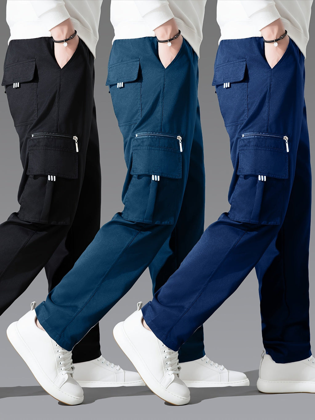 Men's Cargo Pants 3-Pack Multi-Pocket Regular Fit – Solid Color Polyester Woven Hiking Outdoor Pants for Spring & Fall, Sizes S-XXXL, 9 Color Combos