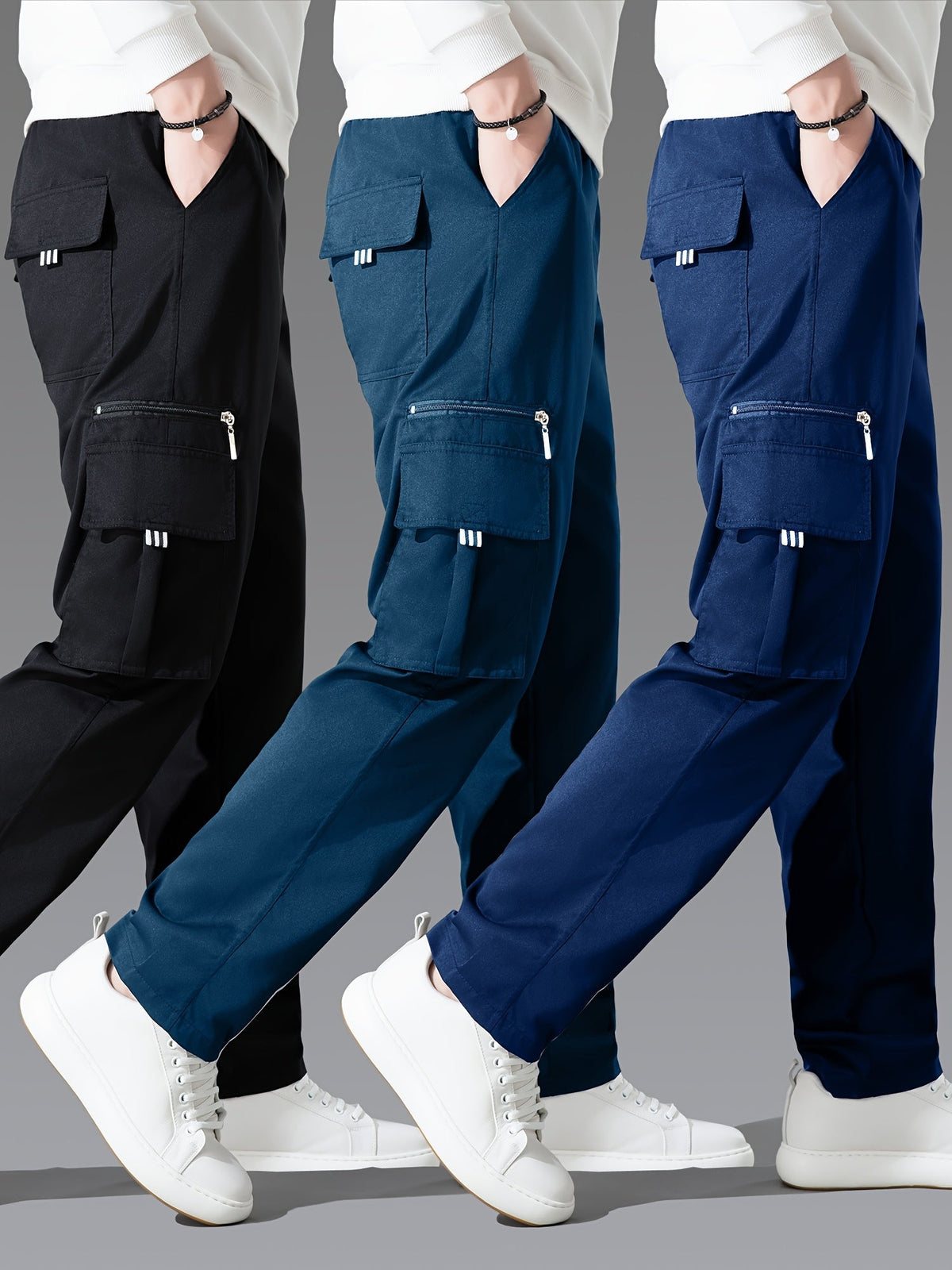 Men's Cargo Pants 3-Pack Multi-Pocket Regular Fit – Solid Color Polyester Woven Hiking Outdoor Pants for Spring & Fall, Sizes S-XXXL, 9 Color Combos