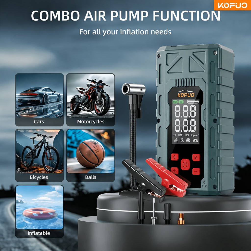 Portable Car Jump Starter with Air Compressor 20000A Peak 7 in 1 Battery Booster Pack 150PSI Tire Inflator Power Bank LED Light LCD Display Safety Hammer 12V Emergency Roadside Kit Car SUV Truck