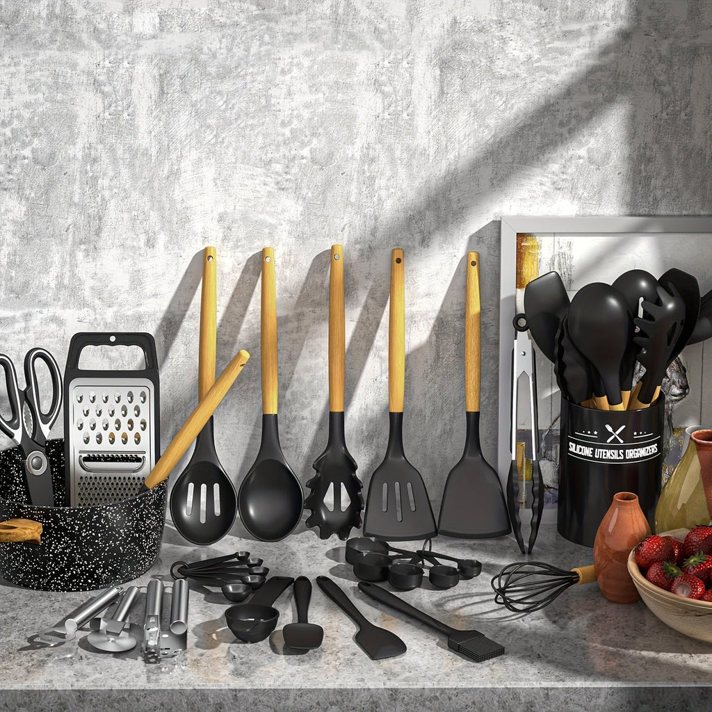 34-Piece Silicone Kitchen Utensils Set with Holder – Heat Resistant Cooking Utensils for Nonstick Cookware, Wooden Handle Spatula Set, Kitchen Gadgets & Tools, Great Father's Day Gift (Khaki/Black/Gray)