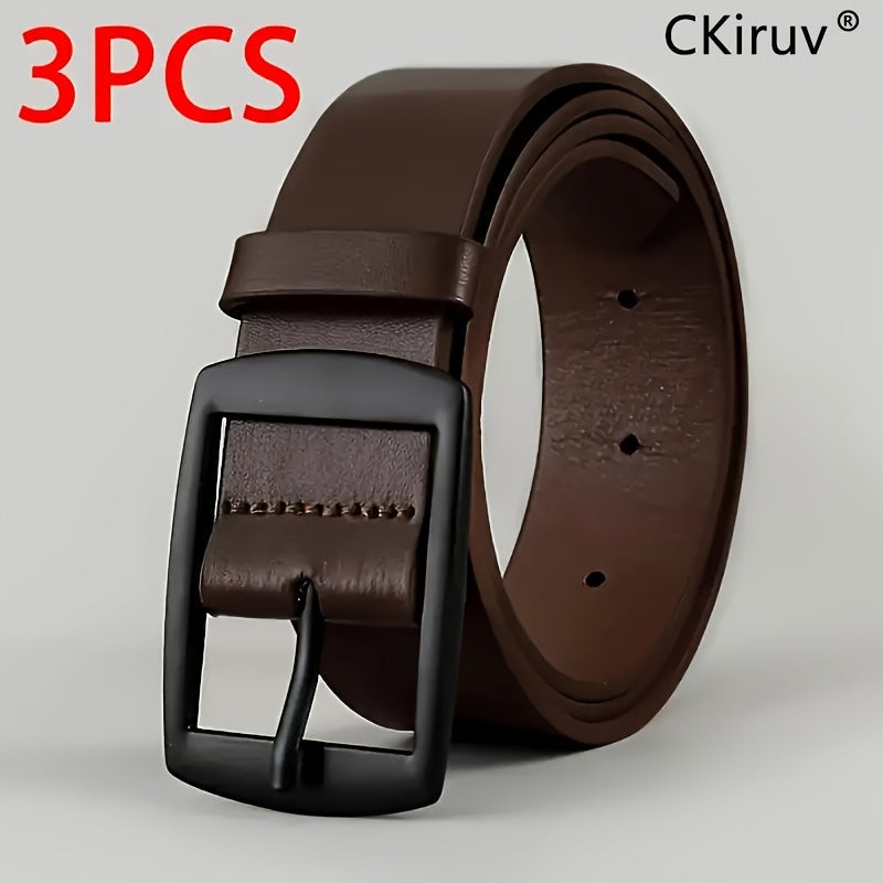 PU Faux Leather Belt for Men 3 Pack – Casual Alloy Buckle Jeans Belt Set in Black Brown Khaki Sizes 110cm 120cm 130cm, Versatile Everyday Belt Gift for Him