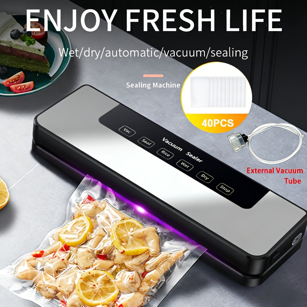 Vacuum Sealer Machine 65KPA 6-in-1 with 40 Free Bags – Wet & Dry Mode, Automatic Food Vacuum Sealing Machine for Food Storage & Preservation, Commercial & Household Kitchen Food Saver with External Hose