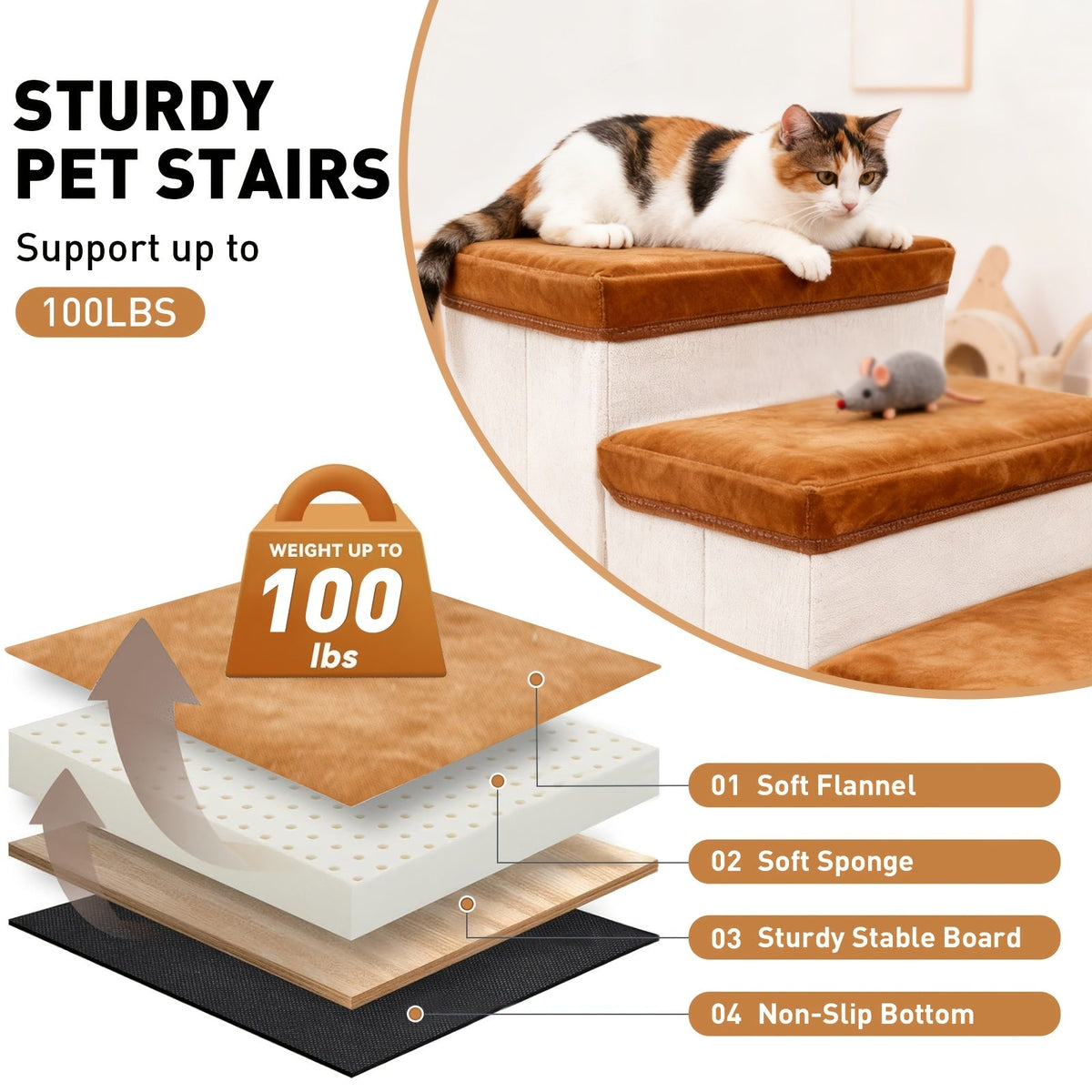 3-Tier Foldable Dog Stairs for Small Dogs Non-Slip Nylon Pet Ramp for High Beds Sofas Compact Foldable Brown White Includes Bonus Plush Toy
