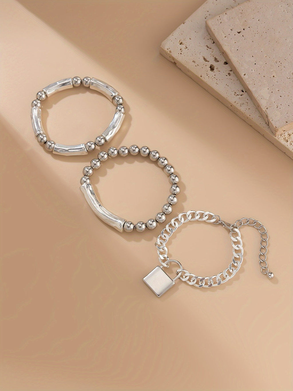 3pcs 925 Sterling Silver Beaded Punk Bracelet Set with Lock Pendant – Exquisite Stackable Edgy Silver Wrist Jewelry for Women Men Teens, Party Festival Daily Wear Gift