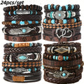 24pcs Boho Bracelet Set for Women – Turquoise Bead, Woven PU Leather & Flower Pendant Stackable Bracelets, Bohemian Western Denim Style Jewelry, Layered Wrist Stack Gift Set for Teen Girls & Adults