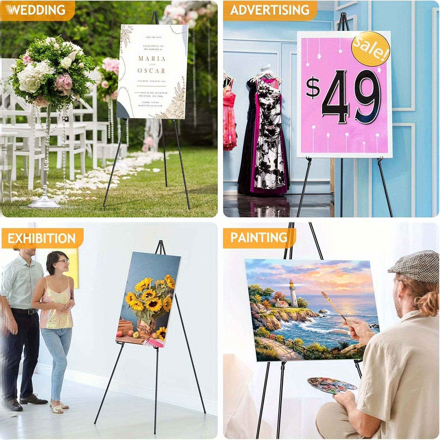 63 Inch Portable Tripod Easel Stand Foldable with Carrying Bag – Adjustable Metal Floor Easel for Wedding Signs Art Posters Painting Trade Shows Events – Black White Gold Silver Pink Single 2-Pack 3-Pack