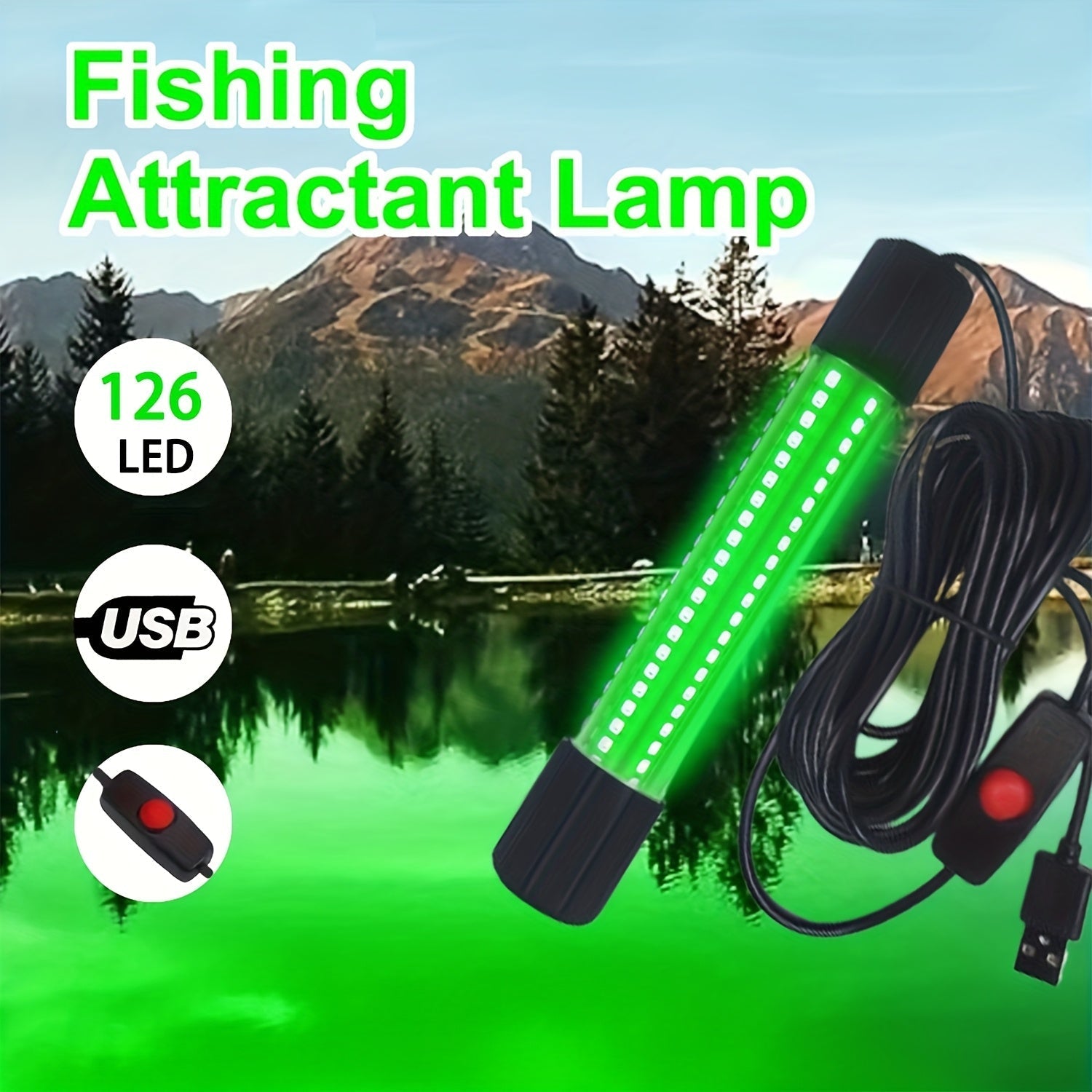 USB 126 LED Underwater Fishing Light with 5M Cord – Night Fish Attractor for Boat, Dock, Kayak & Ice Fishing, Green & White Light Options, Submersible USB Powered Fish Finder Lamp