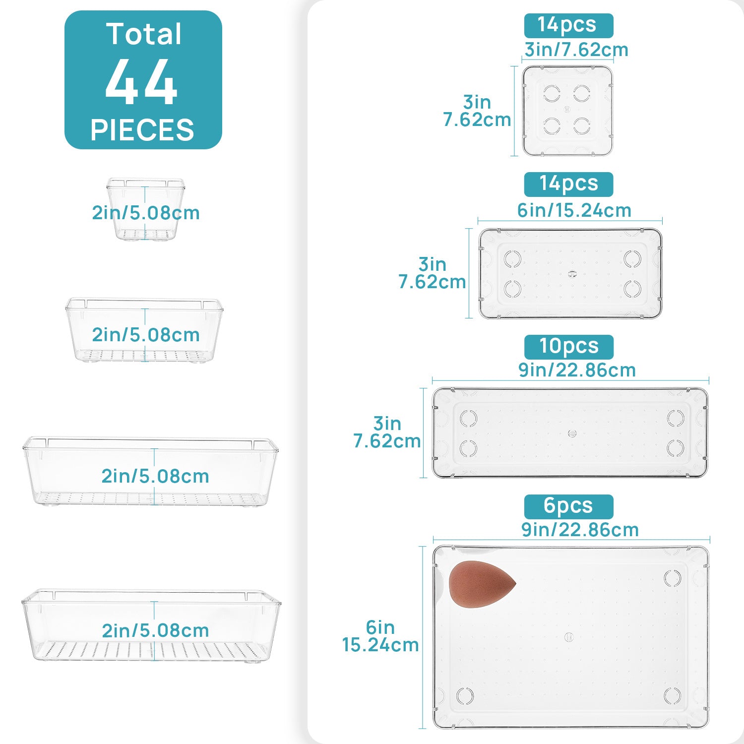 Clear Plastic Drawer Organizer Set 44 or 60 Pcs 4 Sizes Non-Slip Vanity Tray Organizers for Makeup Jewelry Bathroom Bedroom Kitchen Office Desk Cosmetic Storage