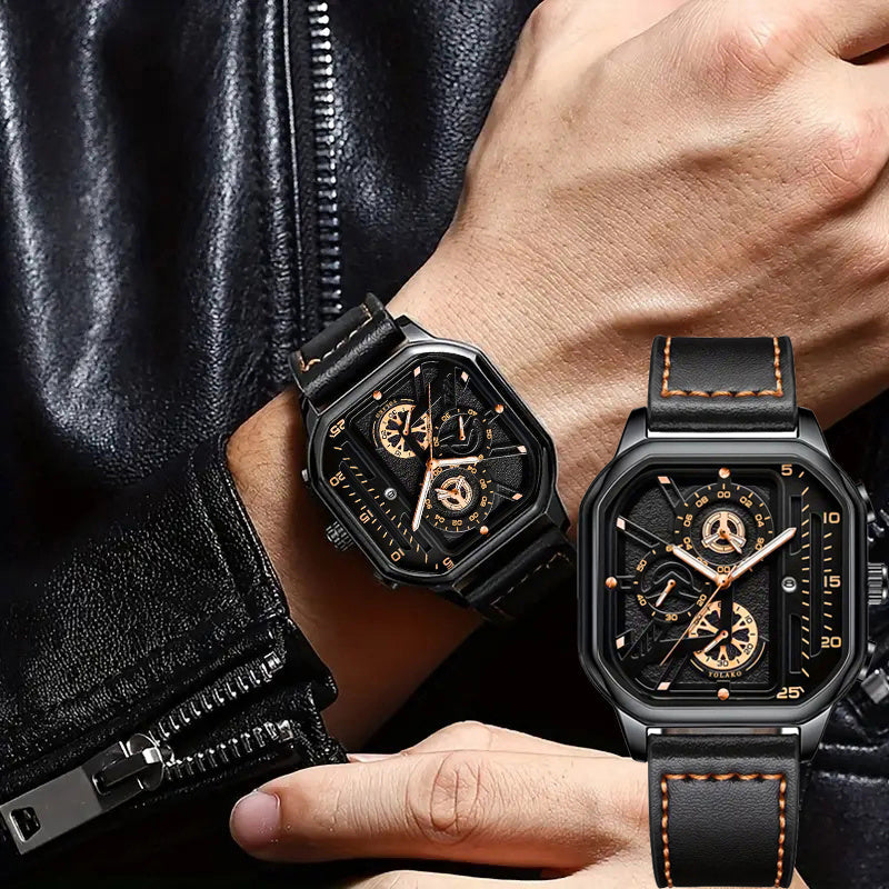 2pcs Men's Watch Set Sports Triangle Dial Silicone Strap and Retro Square Dial Quartz Watches with Date Display Dress Watch for Casual Valentine's Father's Day Gift