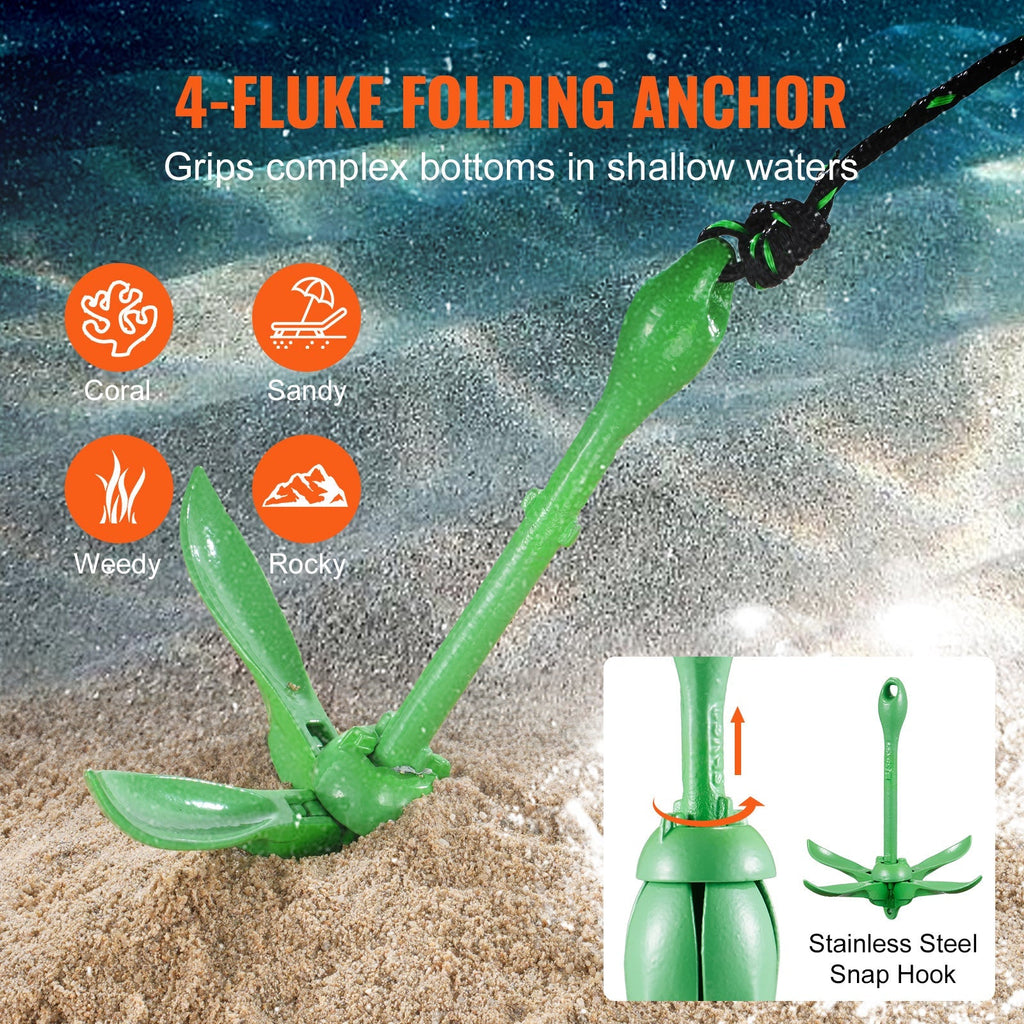 VEVOR Kayak Anchor Kit 3.5 lb Folding 4-Fluke with 26.2 ft Marine Rope, Buoy & Snap Hook - Corrosion-Resistant Paddle Board Anchor for Kayaks, Canoes, SUP & Small Boats
