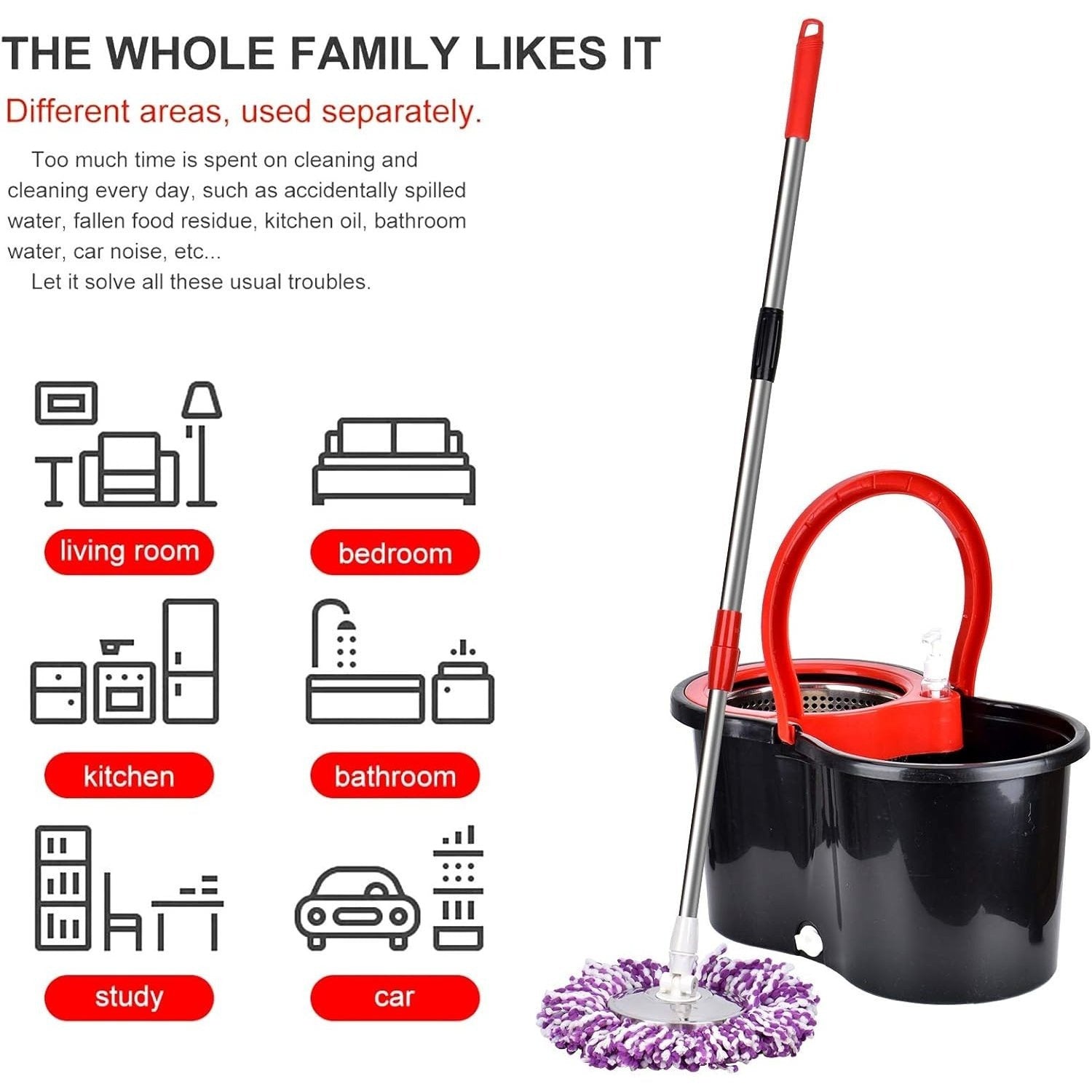 360° Spin Mop and Bucket Set with Wringer – Microfiber Mop Refills Stainless Steel Extended Handle Separate Compartment Floor Cleaning System for Hardwood Tile Laminate, Upgrade Option with 2 Refills